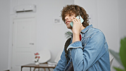 A young man with curly hair talks on a smartphone in a modern indoor space, giving off a casual and...