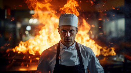 Portrait Resolute professional male chef with intense gaze stands in a commercial kitchen, flames blazing behind his back. Culinary competition and training. Urgent order
