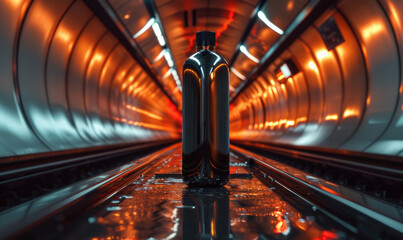 Mockup. Tall bottle in the tunnel. Backlight, reflections.