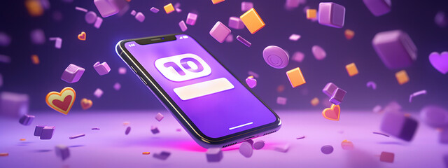 3d design template with copy space. Virtual communication. Various icons spin around cell phone on purple backdrop - obrazy, fototapety, plakaty
