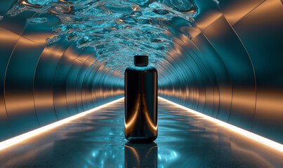 Mockup. Tall bottle in the tunnel. Backlight, reflections.