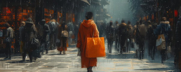 Art Mockup. Orange bag in the picture. Rain
