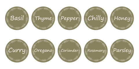 Fototapeta na wymiar Labels or stickers for food,spices and herbs.Collection of round stickers with flower frame and spice name.Vector illustration.