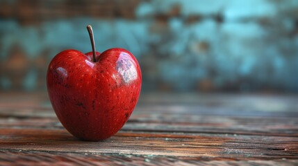 Czerwone błyszczące jabłko w kształcie serca na wierzchu drewnianego stołu. - obrazy, fototapety, plakaty