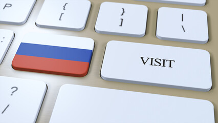 Russia National Flag and Text Visit on Button. Visit Country 3D Illustration