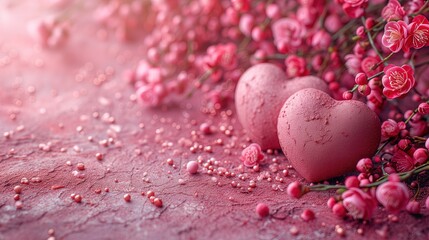 Dwa różowe pudrowe serca skupione wśród różowych kwiatów, symboliczne w temacie walentynkowym i miłości oraz romansu. - obrazy, fototapety, plakaty