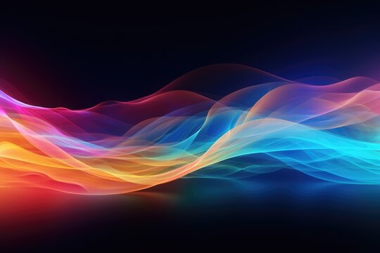 A captivating image of a vibrant, colorful wave of smoke against a sleek black backdrop, Rainbow-colored data torrent with dynamic motion blur, AI Generated