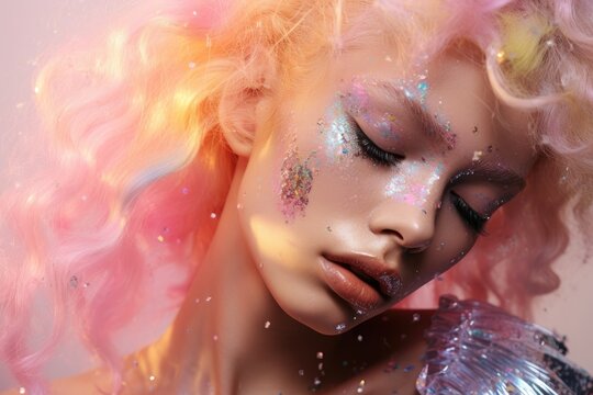 A woman with pink hair and glitter on her face poses for a vibrant portrait, Rainbow-colored glitter raining down gracefully onto a soft pink backdrop, AI Generated