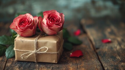Dwa różowe róże ułożone na wierzchu zapakowanego prezentu.