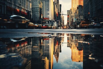 A dynamic city street scene showcasing a wide range of immense skyscrapers nestled together, reflections in the city, AI Generated - obrazy, fototapety, plakaty