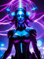 Woman in futuristic suit with headphones and glowing lights in her hair.