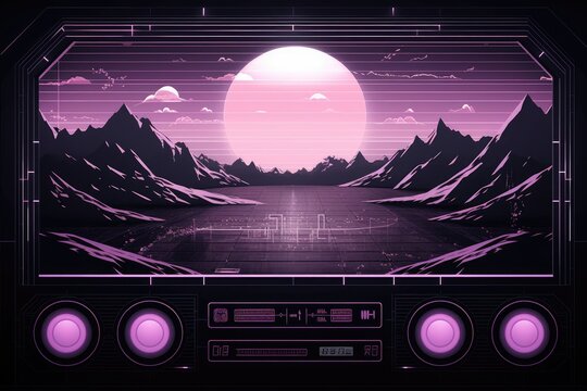 An old fashioned radio stands against a majestic mountain range in the background, Retro wave style monochrome computer interface, AI Generated