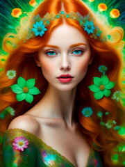 Painting of woman with long red hair and flowers in her hair.