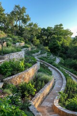 Fototapeta na wymiar A terraced garden on a hillside, featuring winding paths and retaining walls adorned with flora.