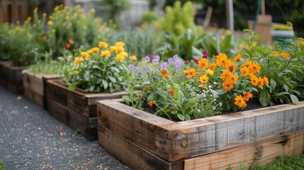 A raised garden bed with pollinator-friendly plants, attracting bees, butterflies, and birds