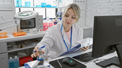 A focused blonde woman scientist in a white lab coat analyzing data and samples in a modern laboratory