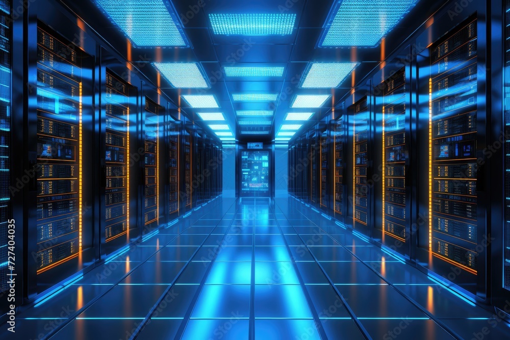 Poster a view of a data center showing multiple rows of servers illuminated by blue lights, shot of corrido