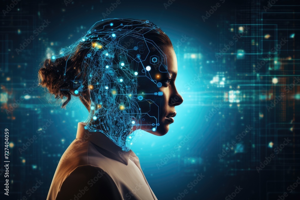 Poster a visually captivating image showing a womans face overlaid with a intricate network of dots, silhou