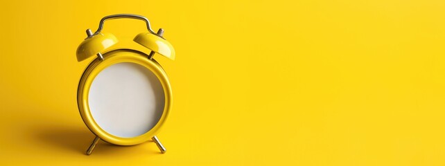 Bright yellow retro tabletop alarm clock with blank dial plate on solid yellow background