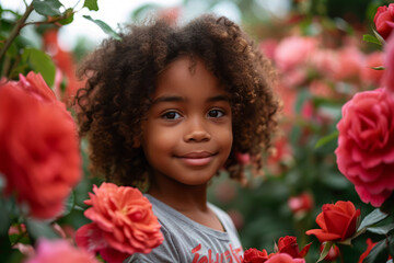 portrait of a child in the roses garden - obrazy, fototapety, plakaty