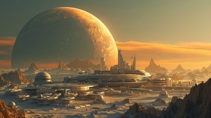 Obraz premium A futuristic space colony on a distant planet, imagining the future of human colonization.
