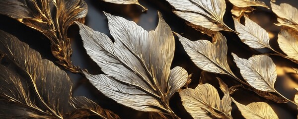 there are many gold leaves on a black background