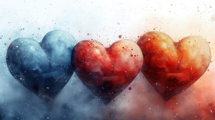 Trzy balony w kształcie serc unoszące się w powietrzu w temacie walentynkowym, miłości i romansu. - obrazy, fototapety, plakaty