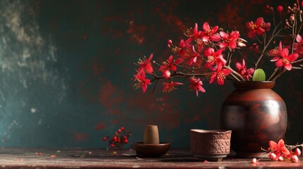 Myanmar's Thingyan flower, also known as padauk, delicately arranged on a table against a dark background, symbolizing the essence of springtime and cultural celebration in Myanmar.