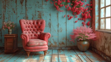 Różowy fotel stoi przy oknie w pokoju. - obrazy, fototapety, plakaty