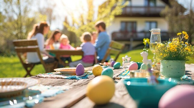 Easter scene in spring, family, easter with easter bunny