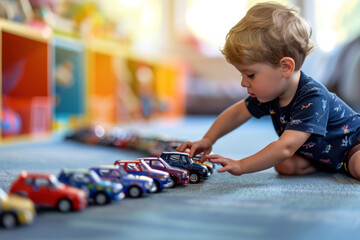 Cute baby boy building cars in row on the floor and playing with them. Stereotypical alignment of objects is a sign of autism. child leisure and pastime. childhood - obrazy, fototapety, plakaty