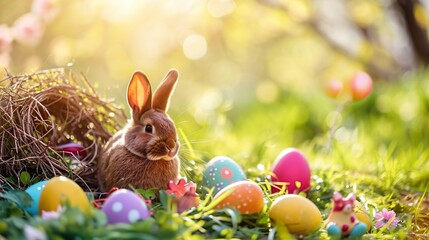 Fototapeta na wymiar Easter scene in spring, family, easter with easter bunny
