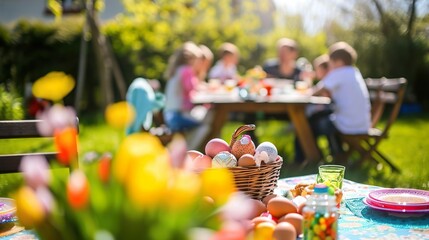 Easter scene in spring, family, easter with easter bunny
