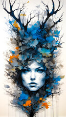 Painting of woman's face surrounded by blue and orange leaves.