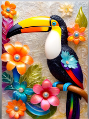 Colorful toucan sitting on top of branch surrounded by flowers.