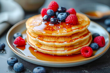 Pancakes with syrup, blueberries and raspberries on top.