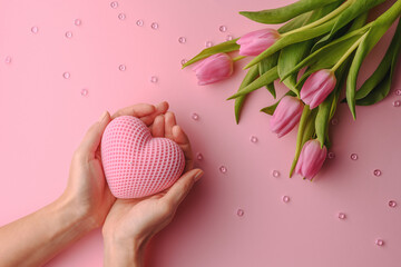 soy handmade candle in the hands of a woman with tulips, a beautiful gift and wish for lovers on...