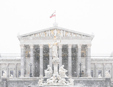 Vienna, Austria: Parliament facade during heavy snow