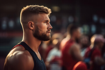 Portrait of a focused male athlete at the start of a sporting event in a stadium
