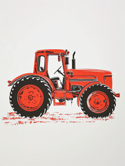 Obraz premium minimalist cute red tractor on white background simple screen print style illustration