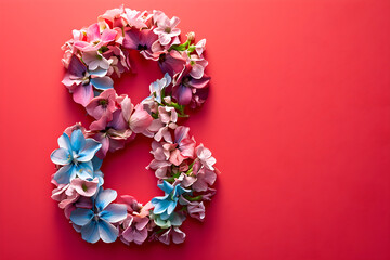 International Women's Day, Number 8, Red background. Generative AI