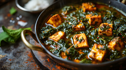 Emanating culinary authenticity, a bowl of homemade saag paneer, a North Indian dish featuring spinach and cottage cheese, is placed on the table. Generative AI - obrazy, fototapety, plakaty