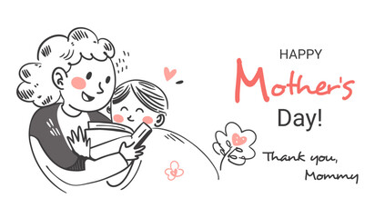 Vector Mother's Day card, minimalistic doodle style, mother hugging her child, concept of motherly love and care.