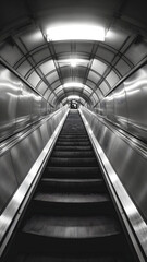 Fotografía antigua en blanco y negro de una escalera mecánica del metro de londres