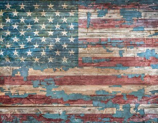 Old and worn flag of the United States of America painted on worn wooden board. American history, patriotism.