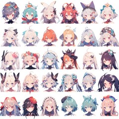 Beautiful anime girl avatars set.