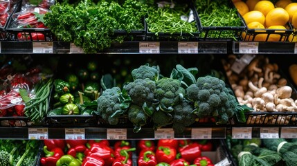 greens and various vegetables displayed at the grocery store, showcasing their freshness and diversity, inviting customers to explore a colorful and nutritious selection.