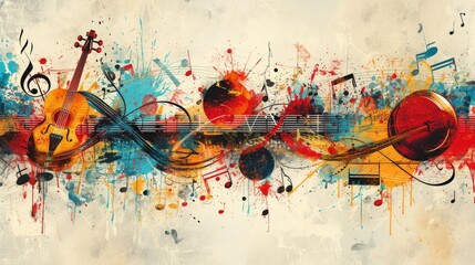 An abstract collage of musical notes and instruments.