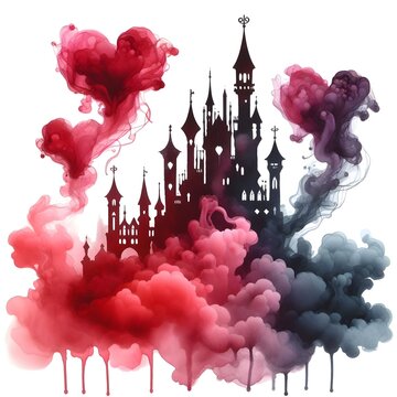 A watercolor silhouette of a red and pink hearts castle.