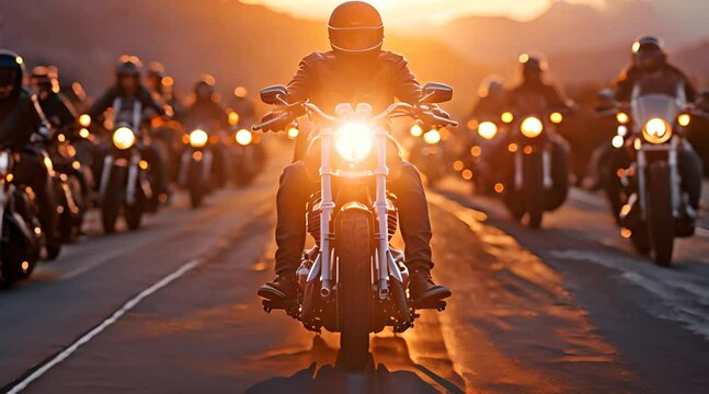 A gang of motorbikers travelling on a wide, road in the sunset